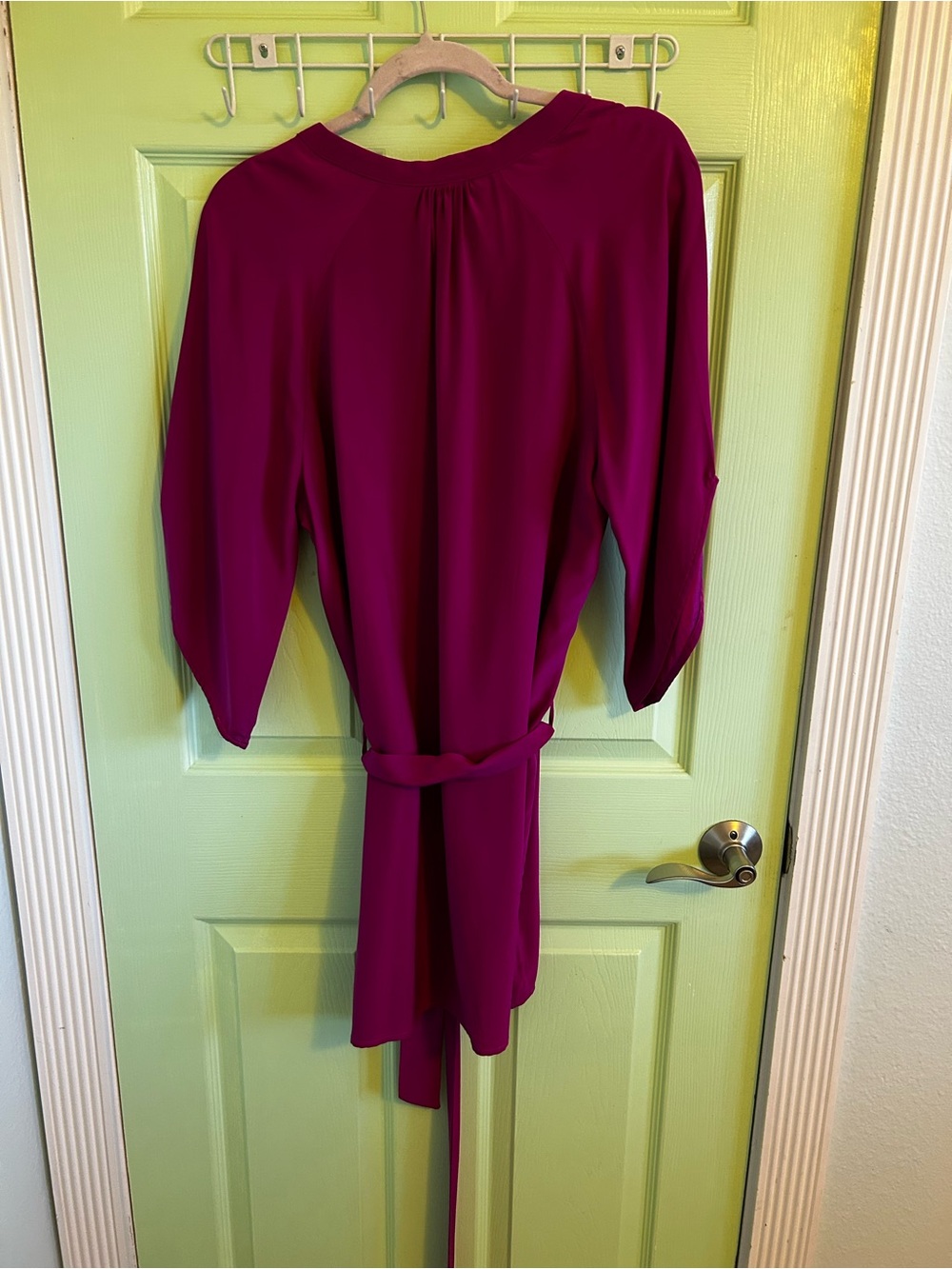 100% Silk Women’s Mini Dress with Waist Tie in Magenta - Picture 2 of 5